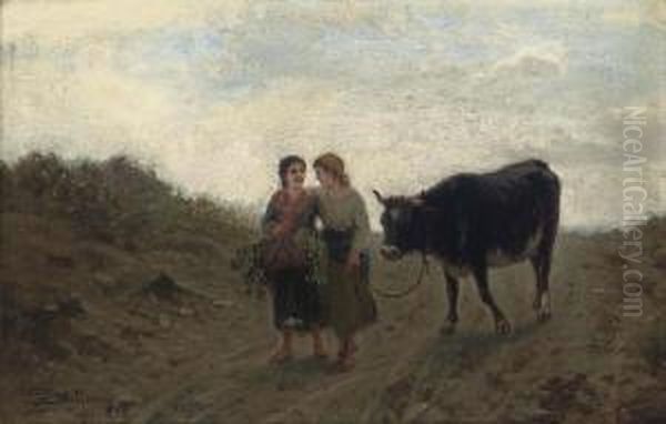 Taking A Cow To Market Oil Painting by Luigi Steffani