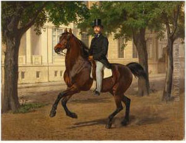 Eleganter Reiter Auf Braunem Vollblut In Allee Vor Sonnenbeschienener Hauserfassade Oil Painting by Carl Steffeck