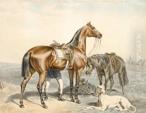 Zwei Reitpferde Und Ein Liegenderhund Oil Painting by Carl Steffeck