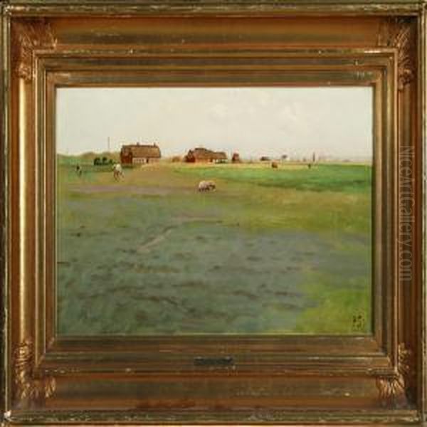 A Danish Fishing Village Oil Painting by Povl Steffensen