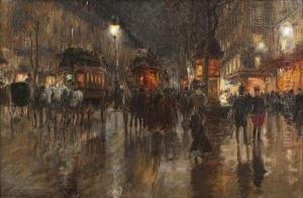 Les Grands Boulevards Animes De Fiacres Et Personnages Oil Painting by Georges Stein