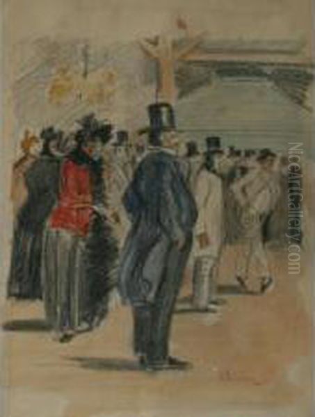 A Gathering Crowd Oil Painting by Theophile-Alexander Steinler