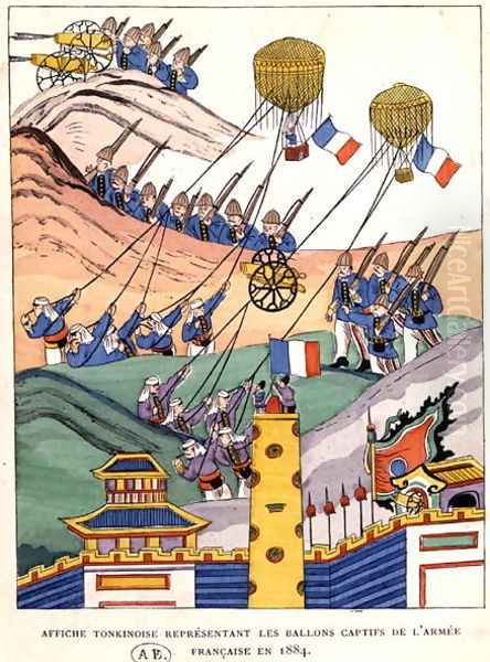 Poster showing the French troops using captured balloons at the time of the conquest of Tonkin, 1884 Oil Painting by Anonymous Artist
