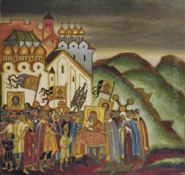 La Procession Religieuse A Novgorod Oil Painting by Dimitri Semenovich Stelletsky