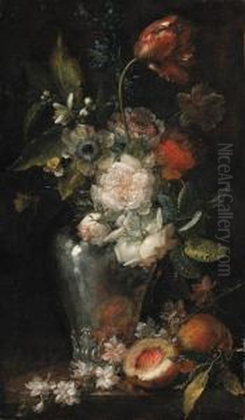 Red And White Roses, Tulips, Anenomes, Blossom And Other Flowers Ina Glass Vase With Peaches On A Table Oil Painting by Ludovico Stern