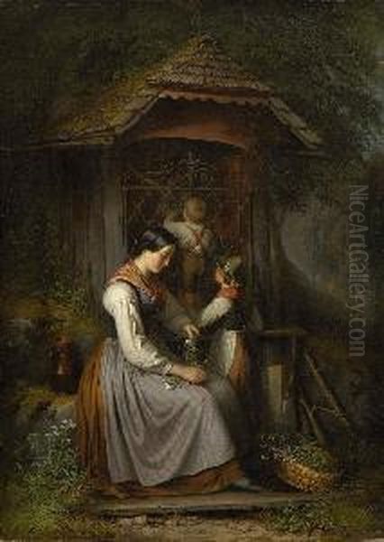 Mutter Mit Zwei Kindern Bei Der Waldkapelle. Oil Painting by Sebastian Stief