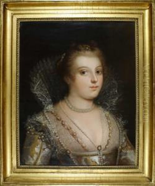 Dame Im Spitzenkleid Mit Hochgestelltem Kragen Oil Painting by Dorothea Johanna Stock