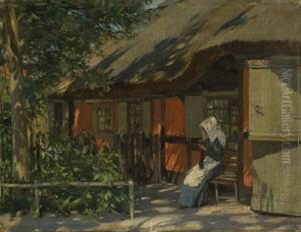 Strickende Frau Vor Der Bauernkate. Oil Painting by Hermann Stockmann