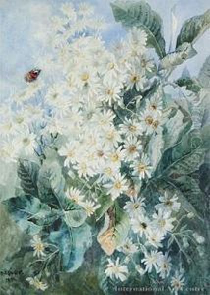 White Daisies And Butterfly Oil Painting by Margaret Olrog Stoddart