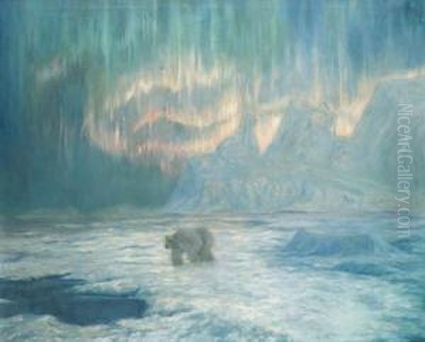 Curtain Aurora Borealis With A Polar Bear, Bowdoin Bay,greenland Oil Painting by Frank Wilbert Stokes