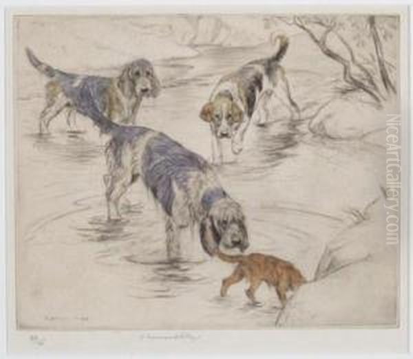 Otterhounds, English Foxhound And Terrier On A River Oil Painting by George Vernon Stokes