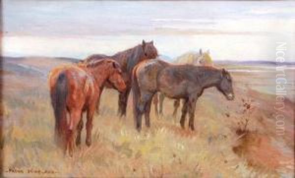Ponies Grazing In A Coastal Landscape Oil Painting by Frank P. Stonelake