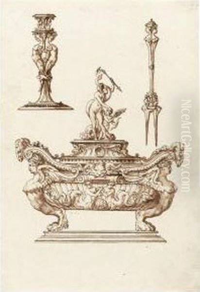 Elaborate Covered Saltcellar Surmounted By Venus And Cupid And A Dolphin Oil Painting by Jacopo Strada