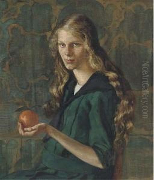 Portrait Of A Young Girl, Seated Half-length, In A Green Dressholding An Orange Oil Painting by Benjamin Strasser