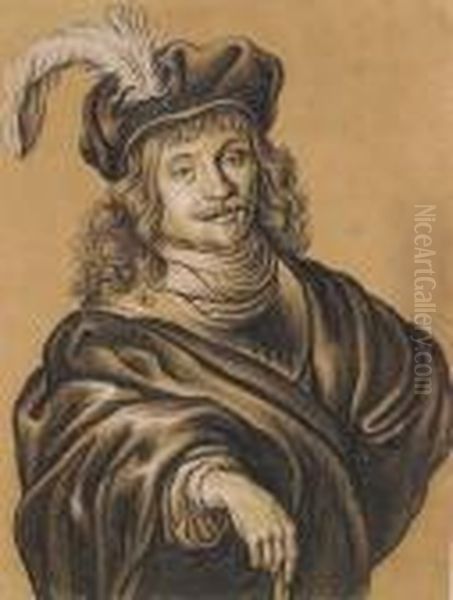 Portrait Of A Man With A Plumed Hat Oil Painting by Strauch, Georg