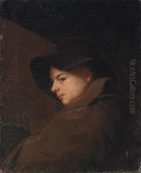 Portrait Of The Artist Before An Easel, Holding A Palette And Brushes Oil Painting by F.J. Strebell