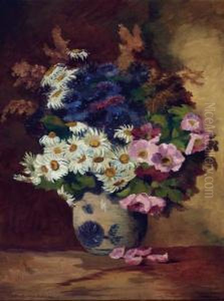Still Life Of Daisies In A Pottery Vase Oil Painting by Max Theodor Streckenbach