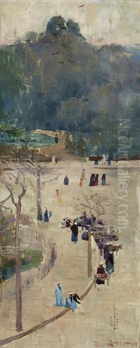 Cairo Street Scene (ezbekiyeh Gardens) Oil Painting by Arthur Streeton