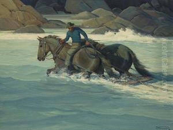 Fording The River Oil Painting by Herman G. Struck