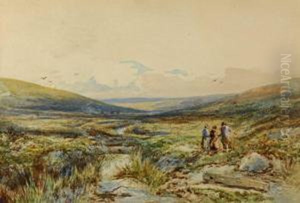 Three Figures By A Moorland Stream In A Panoramic Landscape Oil Painting by Ralph I Stubbs