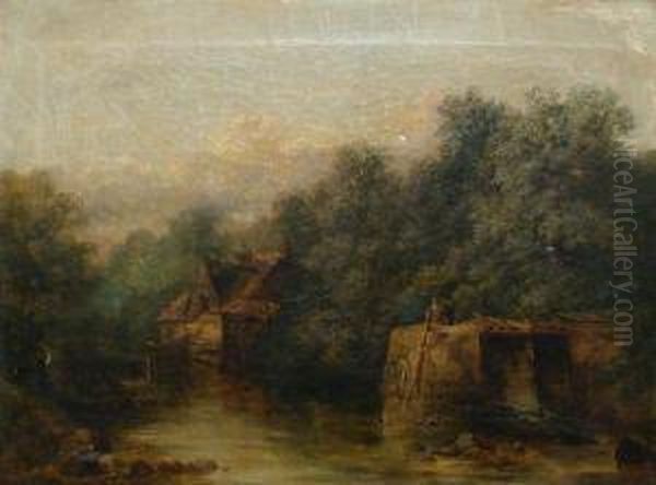 Veduta Fluviale Con Case E Figura Femminile Oil Painting by Ralph I Stubbs