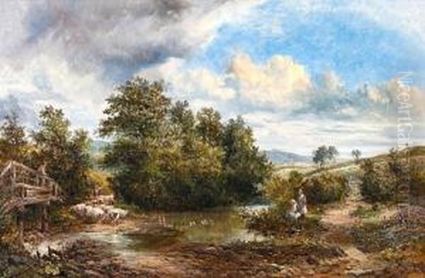 Rural Scene With Figures And Sheep Nearing A Ford Oil Painting by Ralph I Stubbs