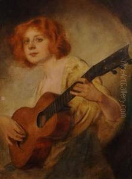 Jeune Femme Jouant De La Guitare, Circa 1900 Oil Painting by Tade Styka