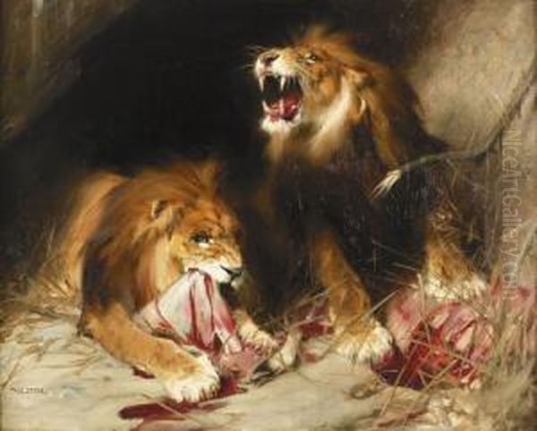 Zwei Lowen. Oil Painting by Tade Styka