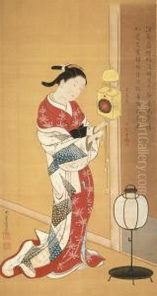 Beauty With Clock Oil Painting by Nishikawa Sukenobu