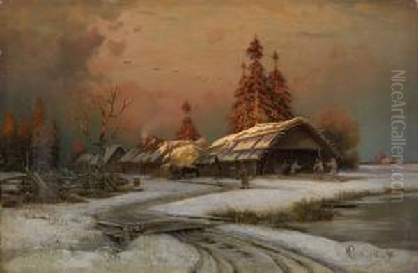 Village Scene In Winter Oil Painting by Petr Aleksandrovich Sukhodol'skii