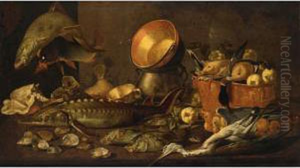 A Still Life With A Sturgeon, A Carp And Other Fresh-water 
 
 
 
 
 
 
 
 
 
 
 
 
 
 
 
 
Fish, Together With Copper Bowls, Shells, Oysters, Ducks In A Bucket, And A Heron, All On A Wooden Table Oil Painting by Gian Francesco Susini