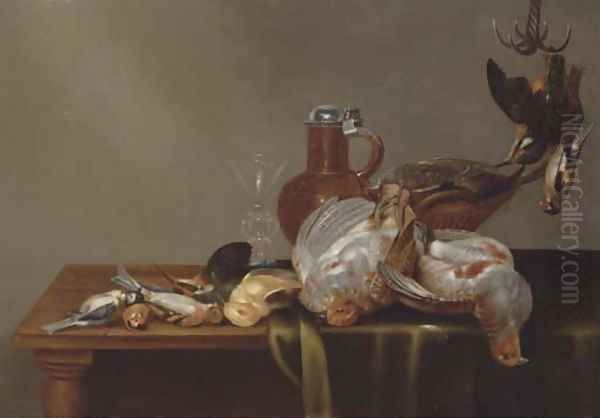 A blue tit, a red finch, a patridge, a kingfisher, and other dead birds on a half draped table, with a glass and silver rimmed jug Oil Painting by Alexander Adriaenssen