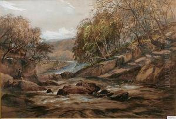 A River Fishing Scene Oil Painting by James Syer