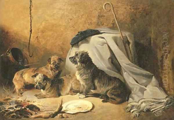 Three Dandie Dinmont Terriers by a cottage hearth Oil Painting by Richard Ansdell