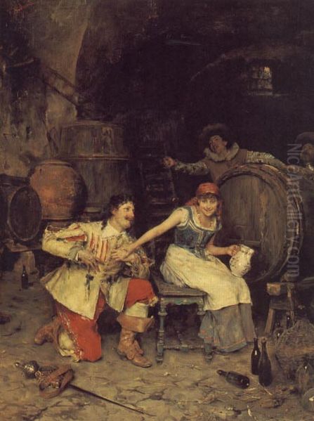 Flirtation in the Wine Cellar Oil Painting by Federico Andreotti