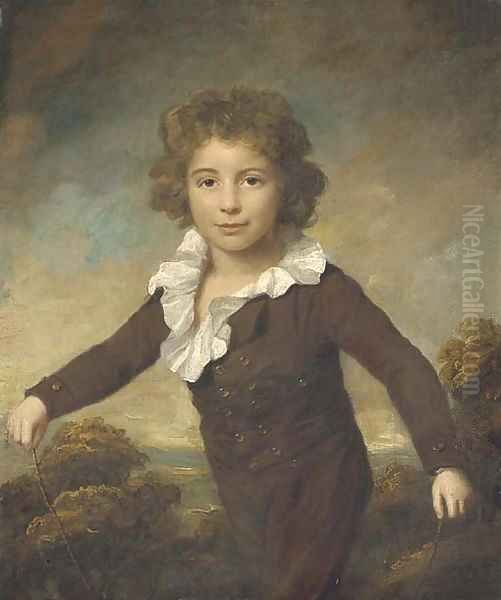 Portrait of a young boy, three-quarter length, in a brown coat and breeches, holding a skipping rope, in a wooded landscape Oil Painting by Lemuel-Francis Abbott