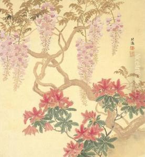 Azalea And Wisteria Oil Painting by Hokkai Takashima