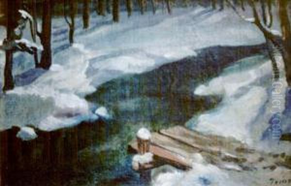 Pejzaz Zimowy Z Potokiem Oil Painting by Jan Talaga