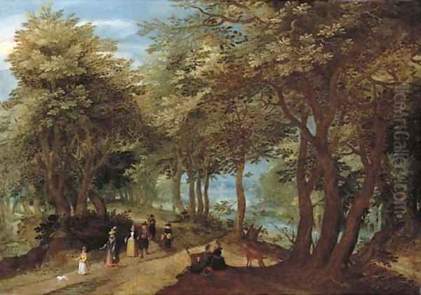 A wooded landscape with an amorous couple seated by a tree and elegant company strolling on a path near a river Oil Painting by Denys Van Alsloot