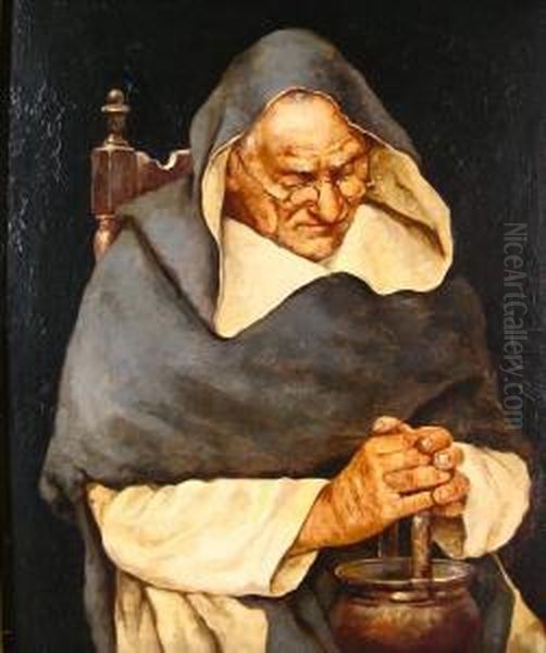 Seated Monk With Metal Vessel Oil Painting by Arnaldo Tamburini