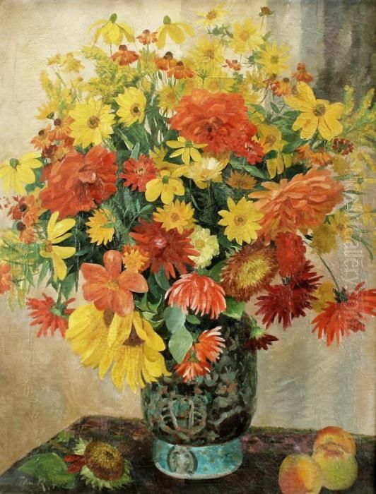 Stilleben Mit Sommerstraus In Chinesischer Vase Und Apfeln Oil Painting by Walter Tanck