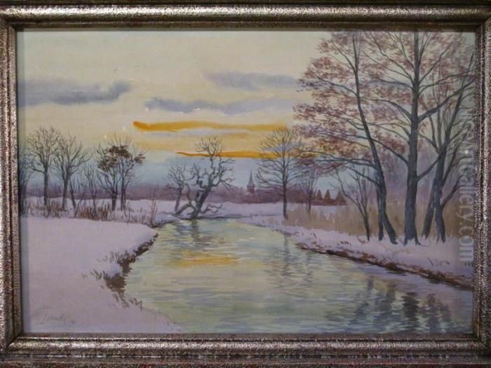 Baumbestandener Flusslauf Vor Einer Stadtsilhouette Unter Abendrotem Himmel. Oil Painting by Walter Tanck