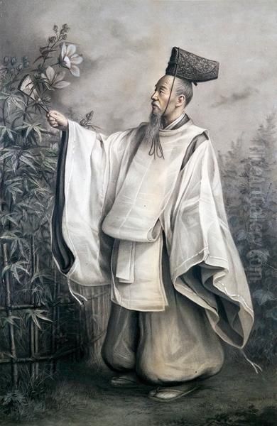  Dignitaire Indochinois A L'eventail Devant Bambous Et Fleurs  Oil Painting by Victor Francois Tardieu