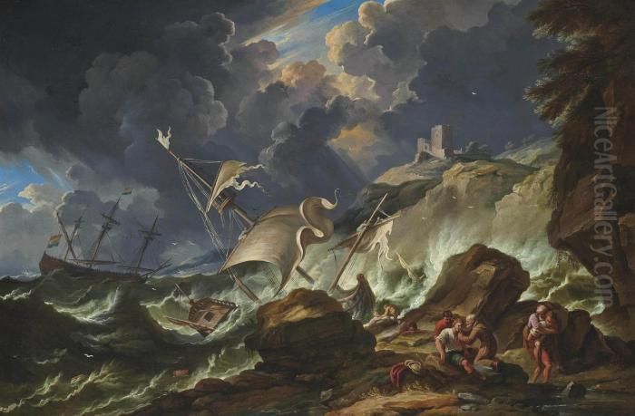 A Stormy Seascape With Dutch Shipping Being Wrecked Off The Coast Oil Painting by Carlo Antonio Tavella, Il Solfarola