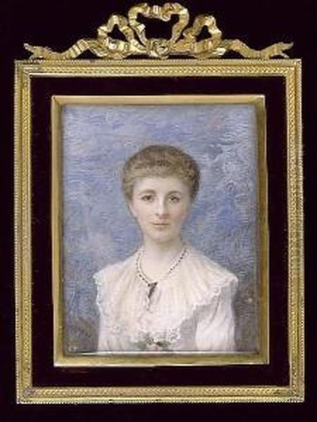 A Lady, Wearing White Dress With Lace Collar Threaded With Black Ribbon, A Pink Flower At Her Bodice. Oil Painting by Edward Tayler