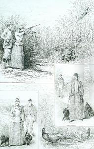 A Lady Shooting Hedgerow Pheasants Oil Painting by T. Temple