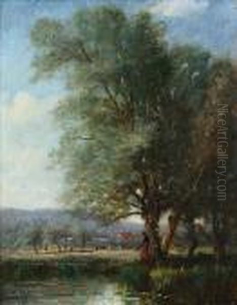 Pturage En Bord De Riviere Oil Painting by Rene Tener