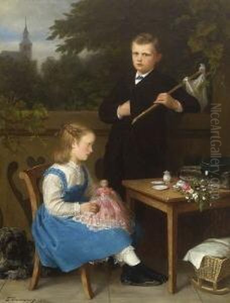 Geschwisterpaar Mit Seinem Hund Auf Der Terrasse. Oil Painting by Emil Teschendorff