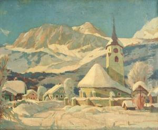 Village In The Snow Oil Painting by Alexander Teschner