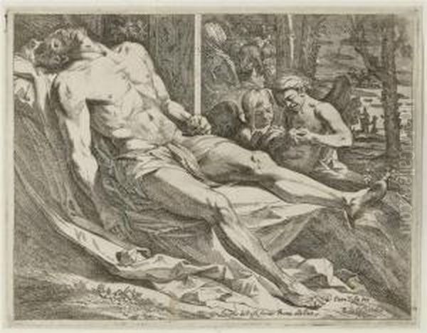 The Bodyof Jesus Mourned By Two Angels Oil Painting by Giovanni Cesare Testa